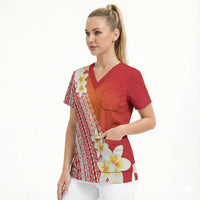 Tahiti Plumeria Tribal Pattern Scrub Top Wave Style Red LT05 - Polynesian Pride