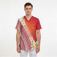 Tahiti Plumeria Tribal Pattern Scrub Top Wave Style Red LT05 - Polynesian Pride
