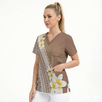 Tahiti Plumeria Tribal Pattern Scrub Top Wave Style Brown LT05 - Polynesian Pride
