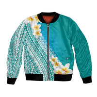 Tahiti Plumeria Tribal Pattern Bomber Jacket Wave Style Turquoise LT05 Unisex Turquoise - Polynesian Pride