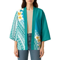 Tahiti Plumeria Tribal Pattern Kimono Wave Style Turquoise LT05 - Polynesian Pride