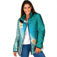 Tahiti Plumeria Tribal Pattern Padded Jacket Wave Style Turquoise LT05 Women Turquoise - Polynesian Pride
