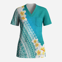 Tahiti Plumeria Tribal Pattern Scrub Top Wave Style Turquoise LT05 Adult Turquoise - Polynesian Pride