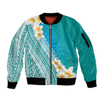 Tahiti Plumeria Tribal Pattern Sleeve Zip Bomber Jacket Wave Style Turquoise LT05 Unisex Turquoise - Polynesian Pride