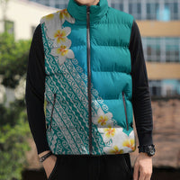 Tahiti Plumeria Tribal Pattern Sleeveless Puffer Jacket Wave Style Turquoise LT05 - Polynesian Pride