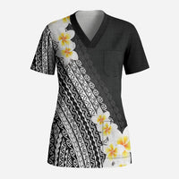 Tahiti Plumeria Tribal Pattern Scrub Top Wave Style Black LT05 Adult Black - Polynesian Pride