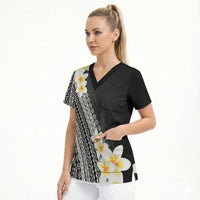 Tahiti Plumeria Tribal Pattern Scrub Top Wave Style Black LT05 - Polynesian Pride