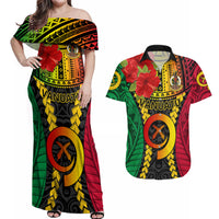 Vanuatu Couples Matching Off Shoulder Maxi Dress and Hawaiian Shirt Vanuatuan Coat Of Arms Mix Pig Tusk Poynesian Pattern LT05 Reggae - Polynesian Pride