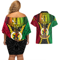 Vanuatu Couples Matching Off Shoulder Short Dress and Hawaiian Shirt Vanuatuan Coat Of Arms Mix Pig Tusk Poynesian Pattern LT05 - Polynesian Pride
