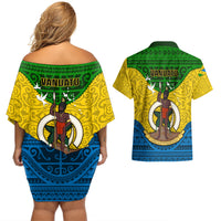 Vanuatu Malampa Province Couples Matching Off Shoulder Short Dress and Hawaiian Shirt Coat Of Arms And Namele Fern Polynesian Pattern LT05 - Polynesian Pride