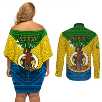 Vanuatu Malampa Province Couples Matching Off Shoulder Short Dress and Long Sleeve Button Shirts Coat Of Arms And Namele Fern Polynesian Pattern LT05 - Polynesian Pride