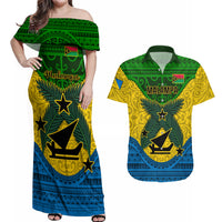 Personalized Vanuatu Malampa Province Couples Matching Off Shoulder Maxi Dress and Hawaiian Shirt Coat Of Arms And Namele Fern Polynesian Pattern LT05 Yellow - Polynesian Pride
