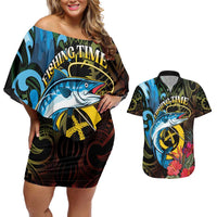 Vanuatu Fishing Couples Matching Off Shoulder Short Dress and Hawaiian Shirt It's Time To Fish LT05 Black - Polynesian Pride