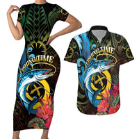 Vanuatu Fishing Couples Matching Short Sleeve Bodycon Dress and Hawaiian Shirt It's Time To Fish LT05 Black - Polynesian Pride