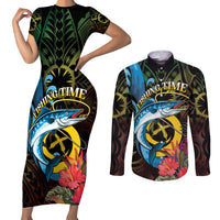Vanuatu Fishing Couples Matching Short Sleeve Bodycon Dress and Long Sleeve Button Shirt It's Time To Fish LT05 Black - Polynesian Pride