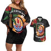 Personalised French Polynesia Outrigger Canoe Race Couples Matching Off Shoulder Short Dress and Hawaiian Shirt Tropical Vibe LT05 Black - Polynesian Pride