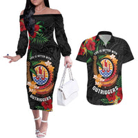 Personalised French Polynesia Outrigger Canoe Race Couples Matching Off The Shoulder Long Sleeve Dress and Hawaiian Shirt Tropical Vibe LT05 Black - Polynesian Pride