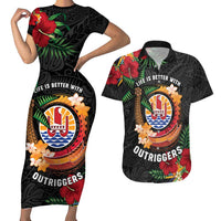 Personalised French Polynesia Outrigger Canoe Race Couples Matching Short Sleeve Bodycon Dress and Hawaiian Shirt Tropical Vibe LT05 Black - Polynesian Pride