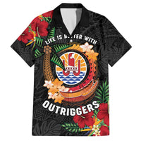 Personalised French Polynesia Outrigger Canoe Race Family Matching Off The Shoulder Long Sleeve Dress and Hawaiian Shirt Tropical Vibe LT05 Dad's Shirt - Short Sleeve Black - Polynesian Pride