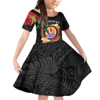 Personalised French Polynesia Outrigger Canoe Race Family Matching Off Shoulder Short Dress and Hawaiian Shirt Tropical Vibe LT05 Daughter's Dress Black - Polynesian Pride