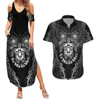 Aotearoa Toitu Te Tiriti Couples Matching Summer Maxi Dress and Hawaiian Shirt Ka Mua Ka Muri LT05 Black - Polynesian Pride
