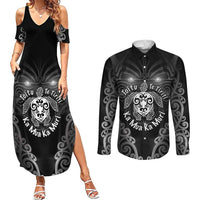 Aotearoa Toitu Te Tiriti Couples Matching Summer Maxi Dress and Long Sleeve Button Shirt Ka Mua Ka Muri LT05 Black - Polynesian Pride