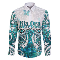 New Zealand Aotearoa Kia Ora Family Matching Off Shoulder Long Sleeve Dress and Hawaiian Shirt Paua Shell Maori Silver Fern LT05 Dad's Shirt - Long Sleeve Turquoise - Polynesian Pride