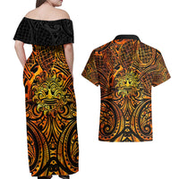 New Zealand Tamanuitera The Sun Couples Matching Off Shoulder Maxi Dress and Hawaiian Shirt Maori Pattern LT05 - Polynesian Pride