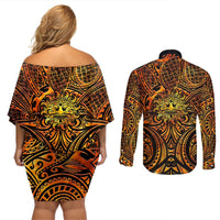 New Zealand Tamanuitera The Sun Couples Matching Off Shoulder Short Dress and Long Sleeve Button Shirt Maori Pattern LT05 - Polynesian Pride