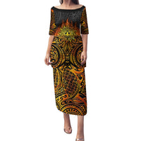 New Zealand Tamanuitera The Sun Family Matching Puletasi and Hawaiian Shirt Maori Pattern LT05 Mom's Dress Orange - Polynesian Pride