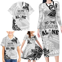 Personalised Polynesia Brain Cancer Family Matching Long Sleeve Bodycon Dress and Hawaiian Shirt No One Fights Alone LT05 - Polynesian Pride