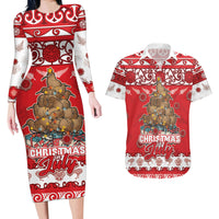 Personalised New Zealand Christmas In July Couples Matching Long Sleeve Bodycon Dress and Hawaiian Shirt Maori Kiwi Xmas Tree - Red LT05 Red - Polynesian Pride