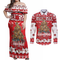 Personalised New Zealand Christmas In July Couples Matching Off Shoulder Maxi Dress and Long Sleeve Button Shirt Maori Kiwi Xmas Tree - Red LT05 Red - Polynesian Pride