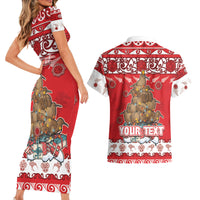 Personalised New Zealand Christmas In July Couples Matching Short Sleeve Bodycon Dress and Hawaiian Shirt Maori Kiwi Xmas Tree - Red LT05 - Polynesian Pride