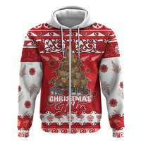 Personalised New Zealand Christmas In July Hoodie Maori Kiwi Xmas Tree - Red LT05 Zip Hoodie Red - Polynesian Pride