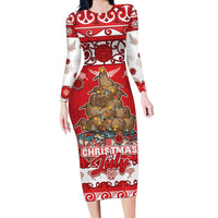 Personalised New Zealand Christmas In July Long Sleeve Bodycon Dress Maori Kiwi Xmas Tree - Red LT05 Long Dress Red - Polynesian Pride