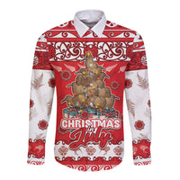 Personalised New Zealand Christmas In July Long Sleeve Button Shirt Maori Kiwi Xmas Tree - Red LT05 Unisex Red - Polynesian Pride