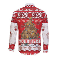 Personalised New Zealand Christmas In July Long Sleeve Button Shirt Maori Kiwi Xmas Tree - Red LT05 - Polynesian Pride
