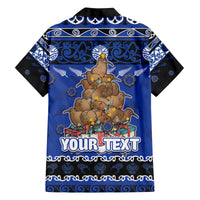 Personalised New Zealand July Christmas Family Matching Off The Shoulder Long Sleeve Dress and Hawaiian Shirt Maori Kiwi Xmas Tree - Blue LT05 - Polynesian Pride