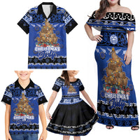 Personalised New Zealand July Christmas Family Matching Off Shoulder Maxi Dress and Hawaiian Shirt Maori Kiwi Xmas Tree - Blue LT05 - Polynesian Pride