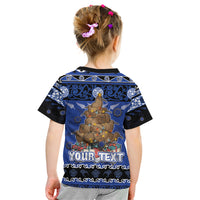 Personalised New Zealand July Christmas Kid T Shirt Maori Kiwi Xmas Tree - Blue LT05 - Polynesian Pride
