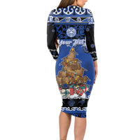 Personalised New Zealand July Christmas Long Sleeve Bodycon Dress Maori Kiwi Xmas Tree - Blue LT05 - Polynesian Pride