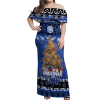 Personalised New Zealand July Christmas Off Shoulder Maxi Dress Maori Kiwi Xmas Tree - Blue LT05 Women Blue - Polynesian Pride