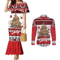 Personalised New Zealand July Christmas Couples Matching Mermaid Dress and Long Sleeve Button Shirt Maori Kiwi Xmas Tree - White LT05 White - Polynesian Pride