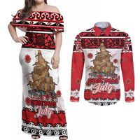 Personalised New Zealand July Christmas Couples Matching Off Shoulder Maxi Dress and Long Sleeve Button Shirt Maori Kiwi Xmas Tree - White LT05 White - Polynesian Pride