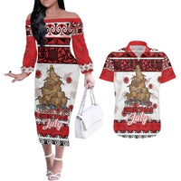 Personalised New Zealand July Christmas Couples Matching Off The Shoulder Long Sleeve Dress and Hawaiian Shirt Maori Kiwi Xmas Tree - White LT05 White - Polynesian Pride