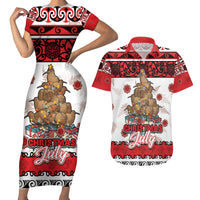 Personalised New Zealand July Christmas Couples Matching Short Sleeve Bodycon Dress and Hawaiian Shirt Maori Kiwi Xmas Tree - White LT05 White - Polynesian Pride