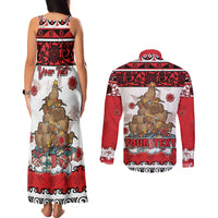 Personalised New Zealand July Christmas Couples Matching Tank Maxi Dress and Long Sleeve Button Shirt Maori Kiwi Xmas Tree - White LT05 - Polynesian Pride