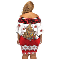 Personalised New Zealand July Christmas Family Matching Off Shoulder Short Dress and Hawaiian Shirt Maori Kiwi Xmas Tree - White LT05 - Polynesian Pride
