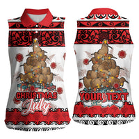 Personalised New Zealand July Christmas Women Sleeveless Polo Shirt Maori Kiwi Xmas Tree - White LT05 - Polynesian Pride